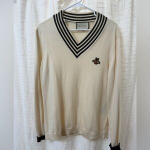 Gucci Beige V-Neck Sweater with Bee Accent